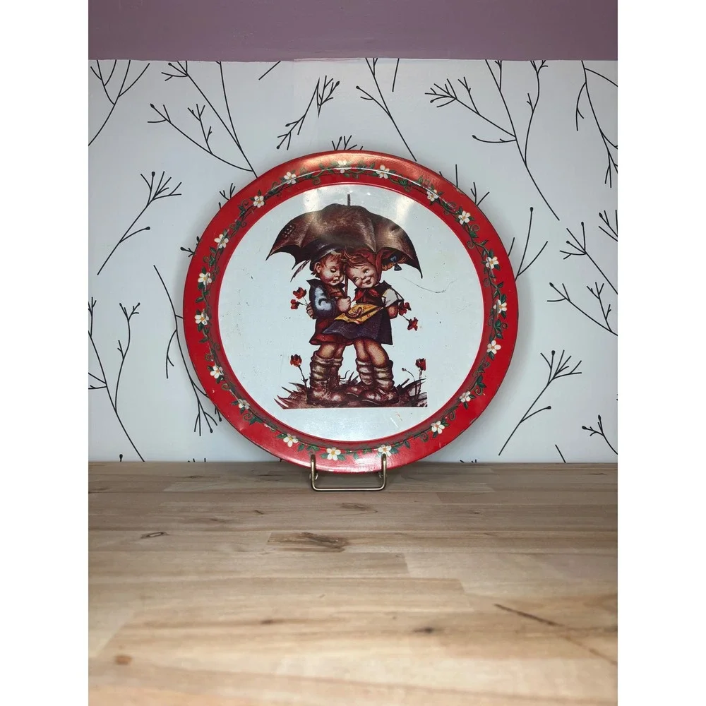 Vintage Giftco Hummel Style Metal Serving Tray Red Floral Boy Girl Umbrella 13in